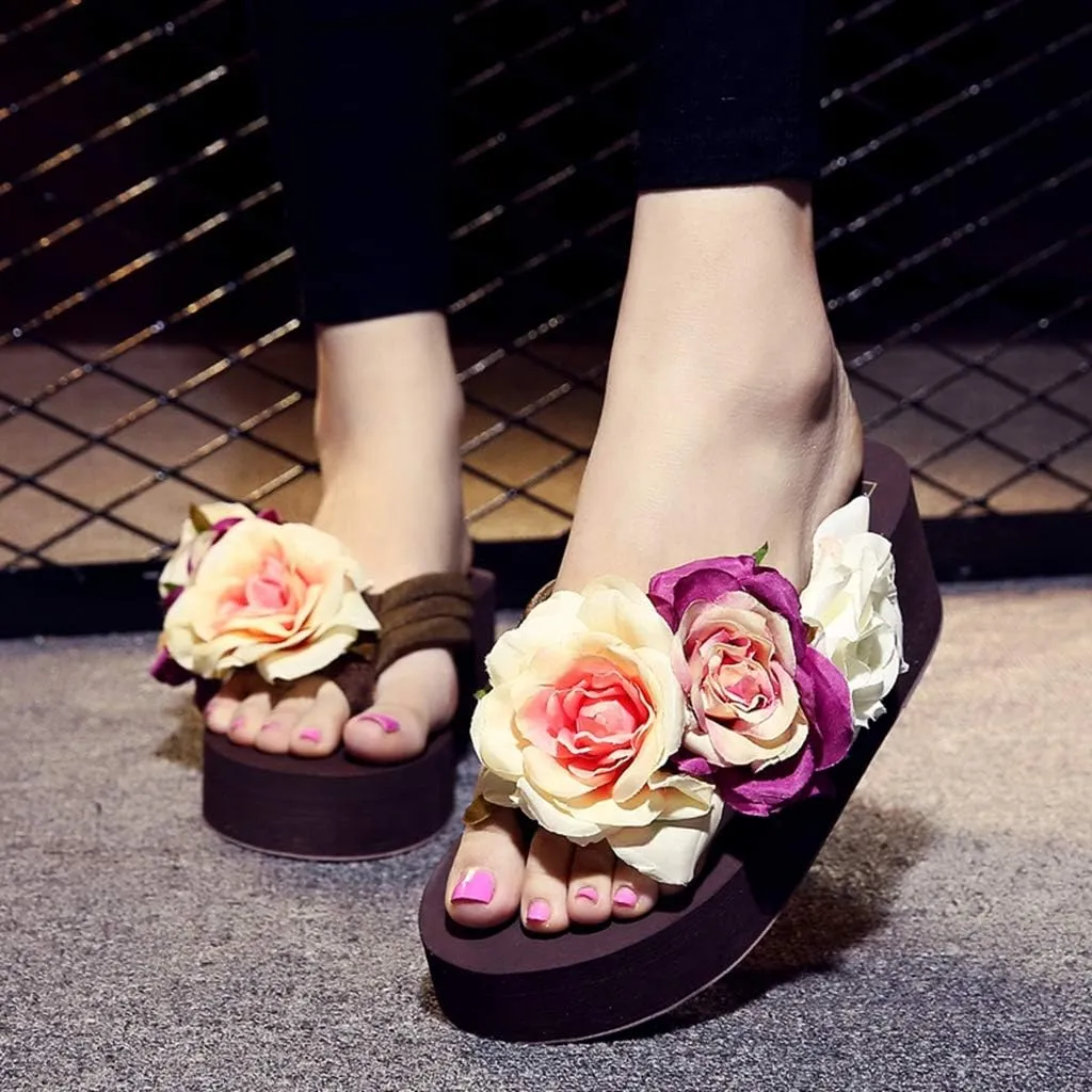 MIOKE Women's Boho Flowers Wedge Flipflops Trendy Summer Platform Anti-Slip High Heel Beach Thong Sandals