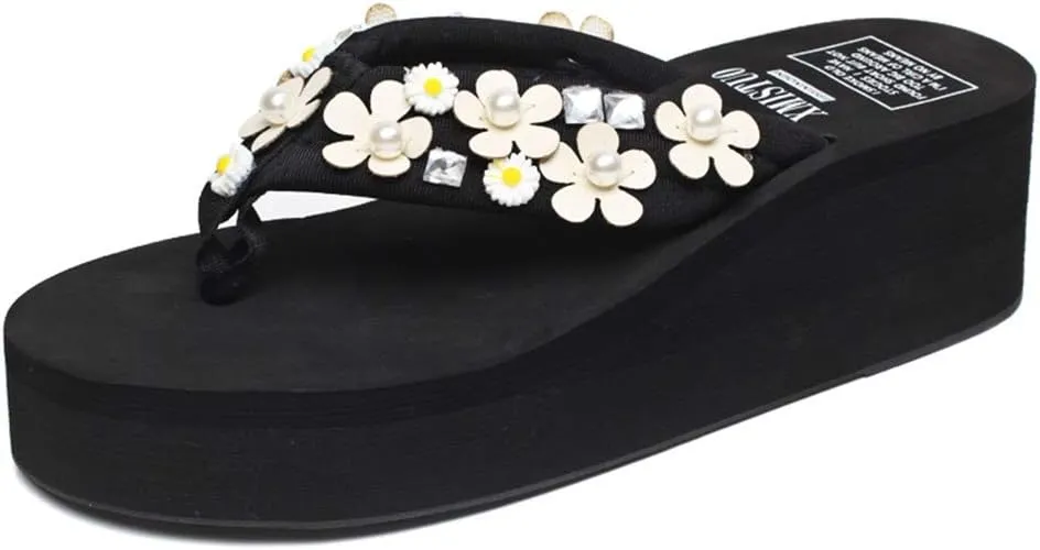 MIOKE Women's Boho Flowers Wedge Flipflops Trendy Summer Platform Anti-Slip High Heel Beach Thong Sandals