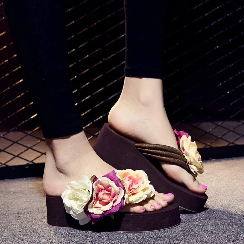 MIOKE Women's Boho Flowers Wedge Flipflops Trendy Summer Platform Anti-Slip High Heel Beach Thong Sandals