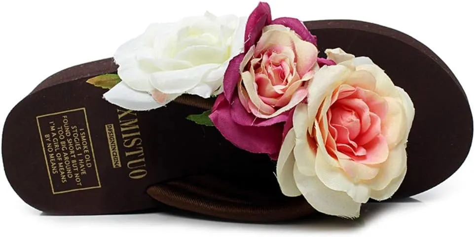 MIOKE Women's Boho Flowers Wedge Flipflops Trendy Summer Platform Anti-Slip High Heel Beach Thong Sandals