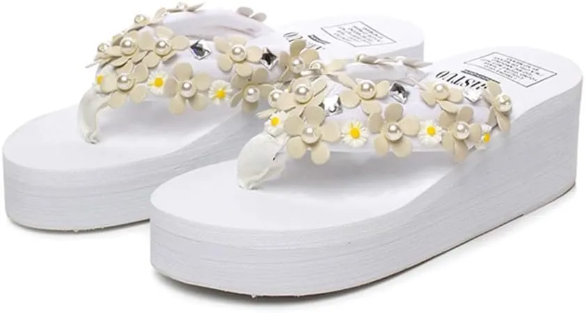 MIOKE Women's Boho Flowers Wedge Flipflops Trendy Summer Platform Anti-Slip High Heel Beach Thong Sandals