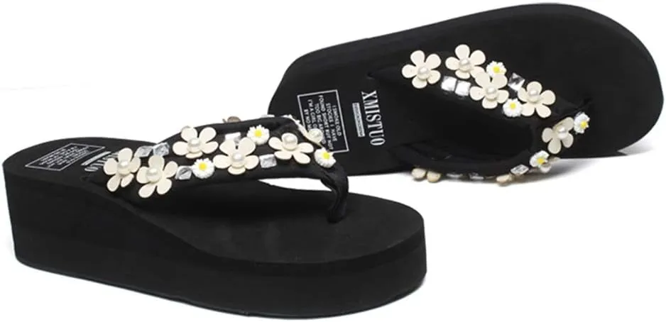 MIOKE Women's Boho Flowers Wedge Flipflops Trendy Summer Platform Anti-Slip High Heel Beach Thong Sandals