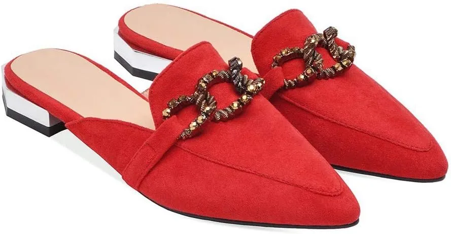 MIOKE Women's Pointed Toe Buckle Mules Flat Slip On Backless Loafer Comfort Low Heel Dress Slipper Shoes