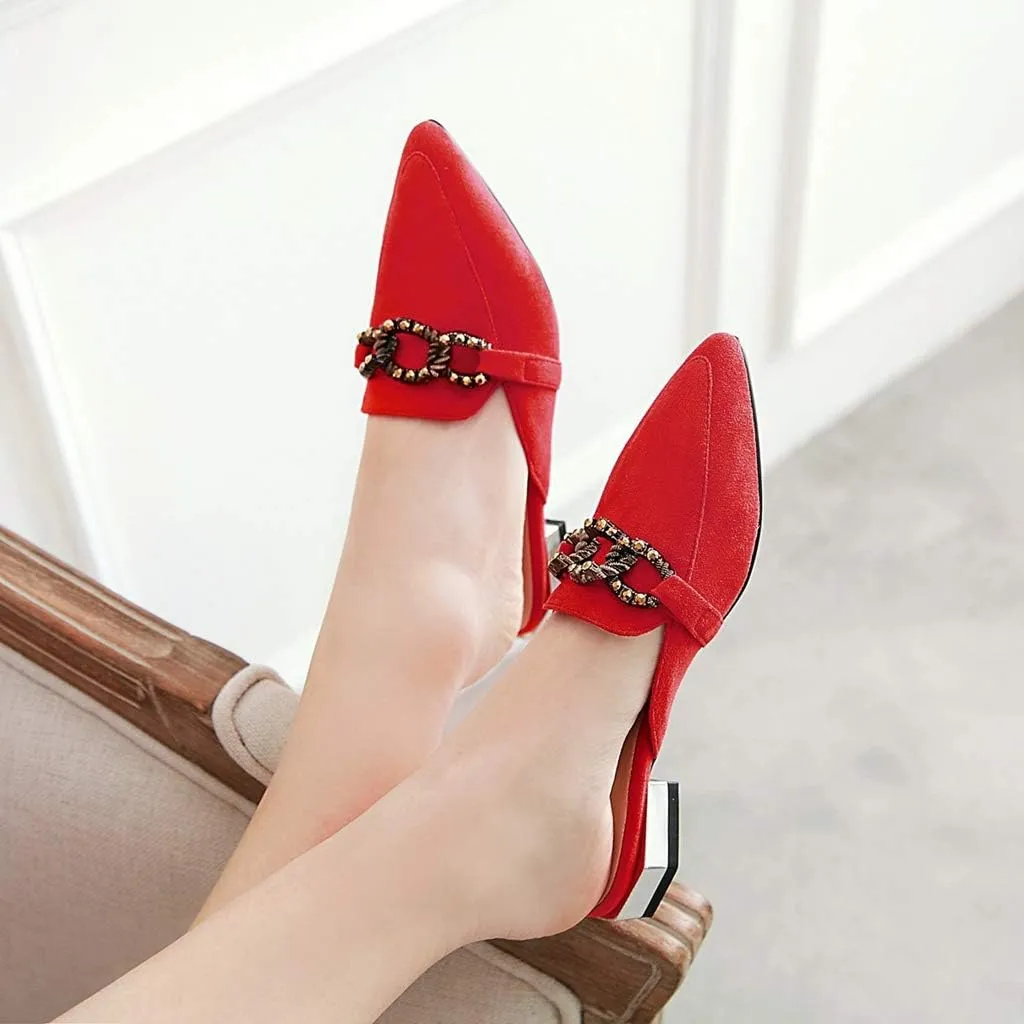 MIOKE Women's Pointed Toe Buckle Mules Flat Slip On Backless Loafer Comfort Low Heel Dress Slipper Shoes