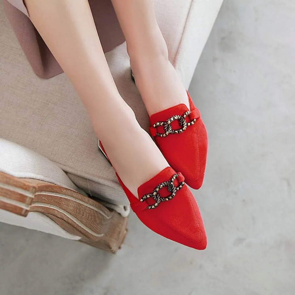 MIOKE Women's Pointed Toe Buckle Mules Flat Slip On Backless Loafer Comfort Low Heel Dress Slipper Shoes