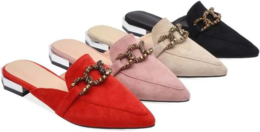 MIOKE Women's Pointed Toe Buckle Mules Flat Slip On Backless Loafer Comfort Low Heel Dress Slipper Shoes