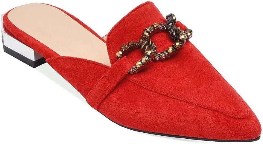 MIOKE Women's Pointed Toe Buckle Mules Flat Slip On Backless Loafer Comfort Low Heel Dress Slipper Shoes