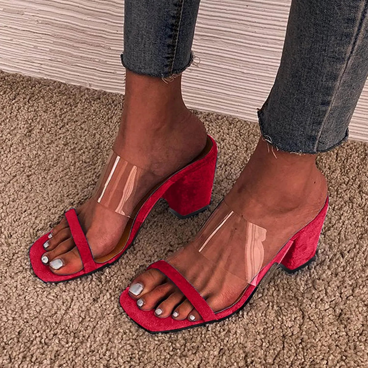 oiangi Womens Clear Straps Chunky Sandals Summer Casual Square Toe Double Strap Open Toe Slip-on Thick Heel High Heels Slipper Comfy Trendy Ladies Shoes
