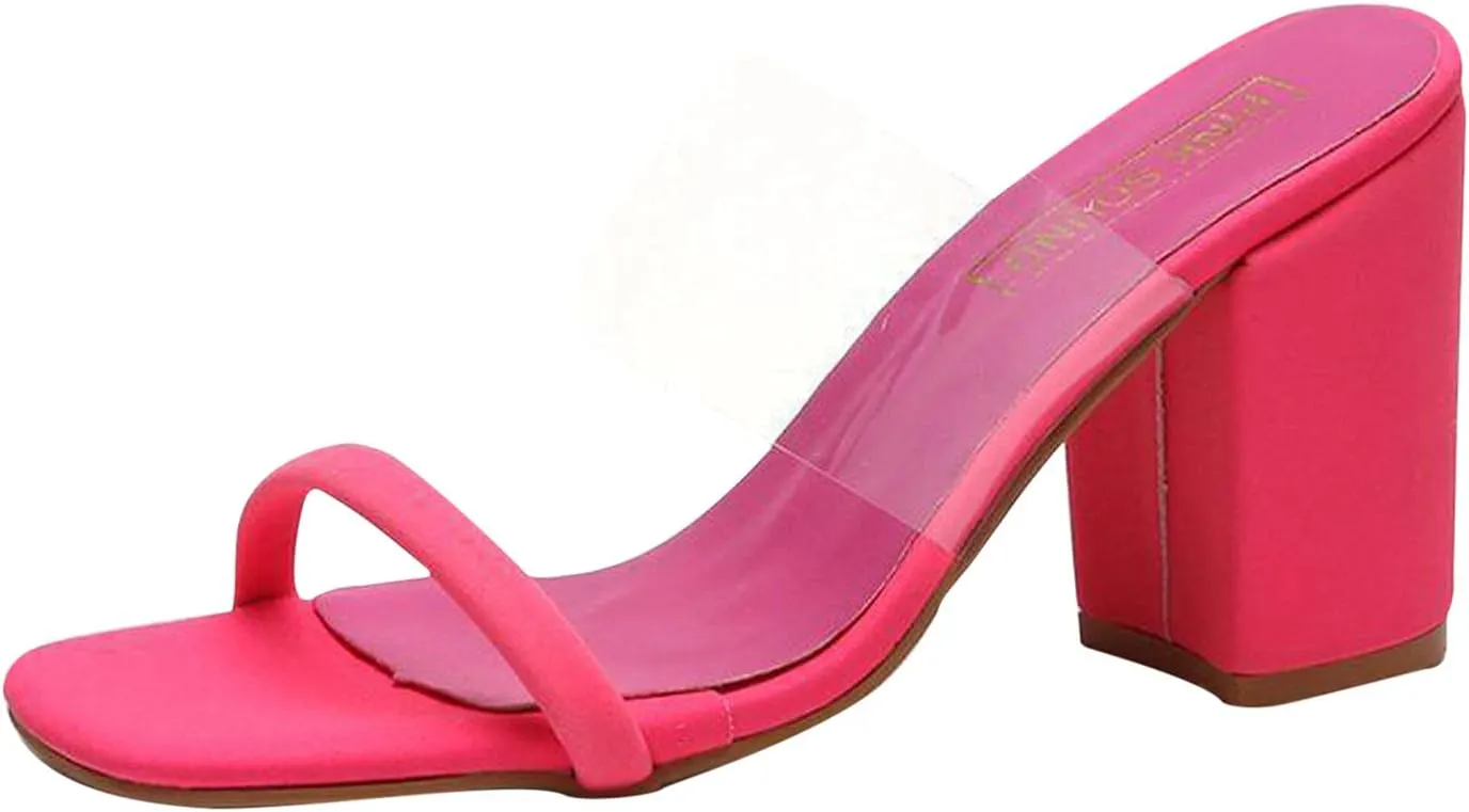 oiangi Womens Clear Straps Chunky Sandals Summer Casual Square Toe Double Strap Open Toe Slip-on Thick Heel High Heels Slipper Comfy Trendy Ladies Shoes