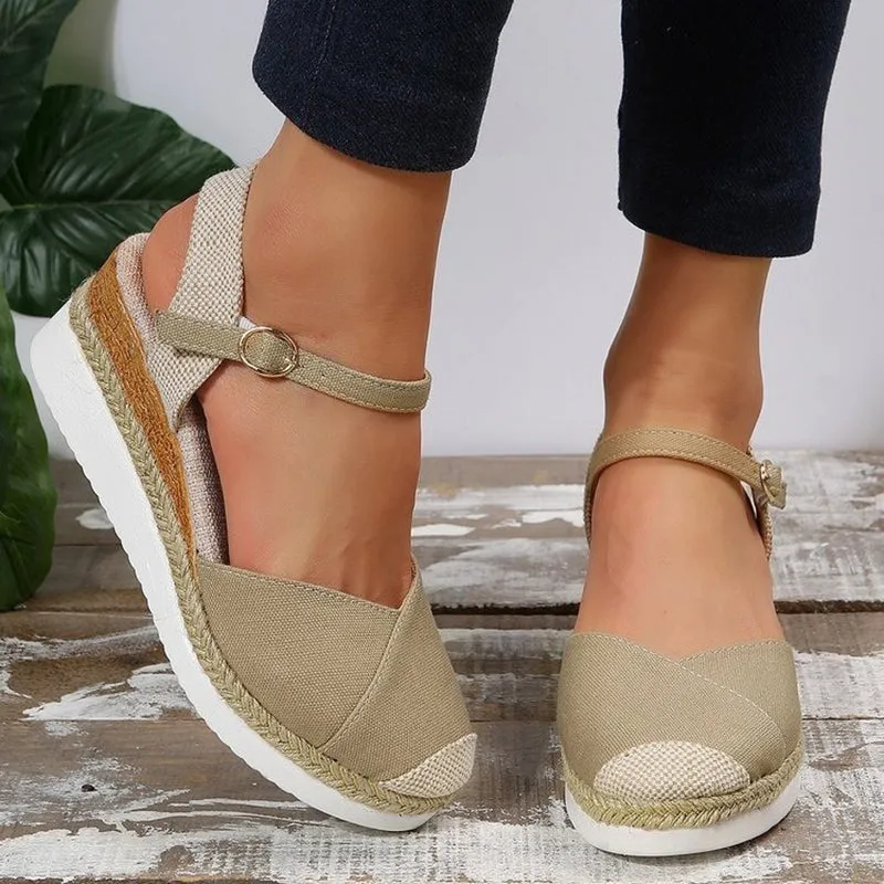 Patchwork closed toe wedge sandals