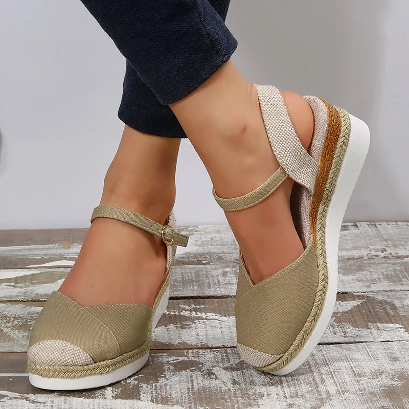 Patchwork closed toe wedge sandals