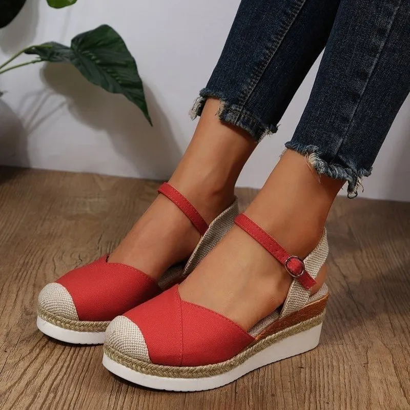 Patchwork closed toe wedge sandals
