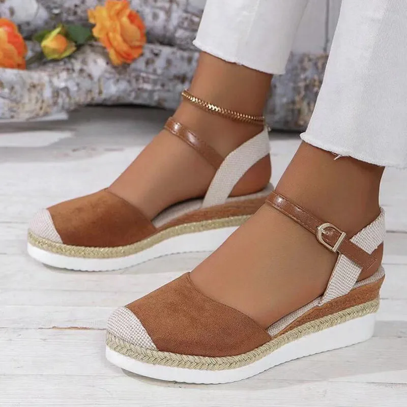 Patchwork closed toe wedge sandals