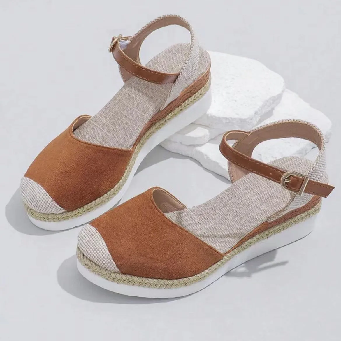 Patchwork closed toe wedge sandals