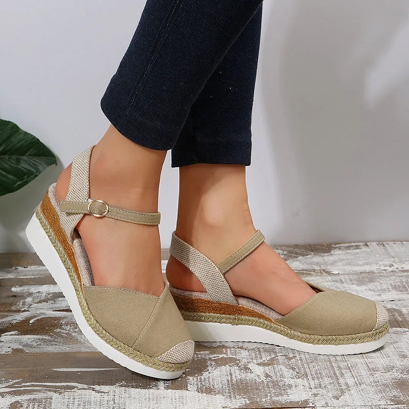 Patchwork closed toe wedge sandals