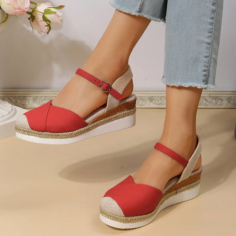 Patchwork closed toe wedge sandals