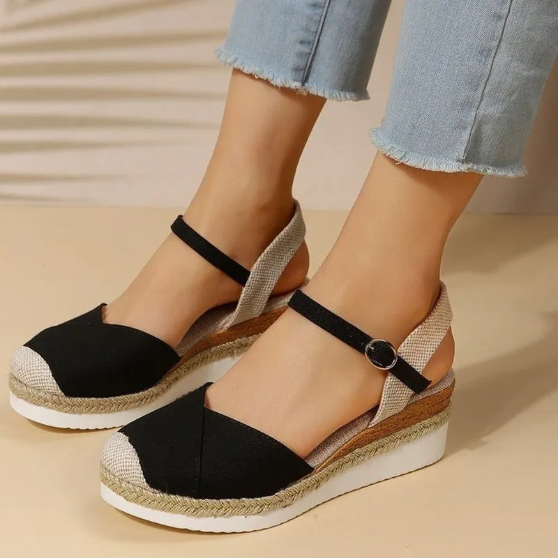 Patchwork closed toe wedge sandals