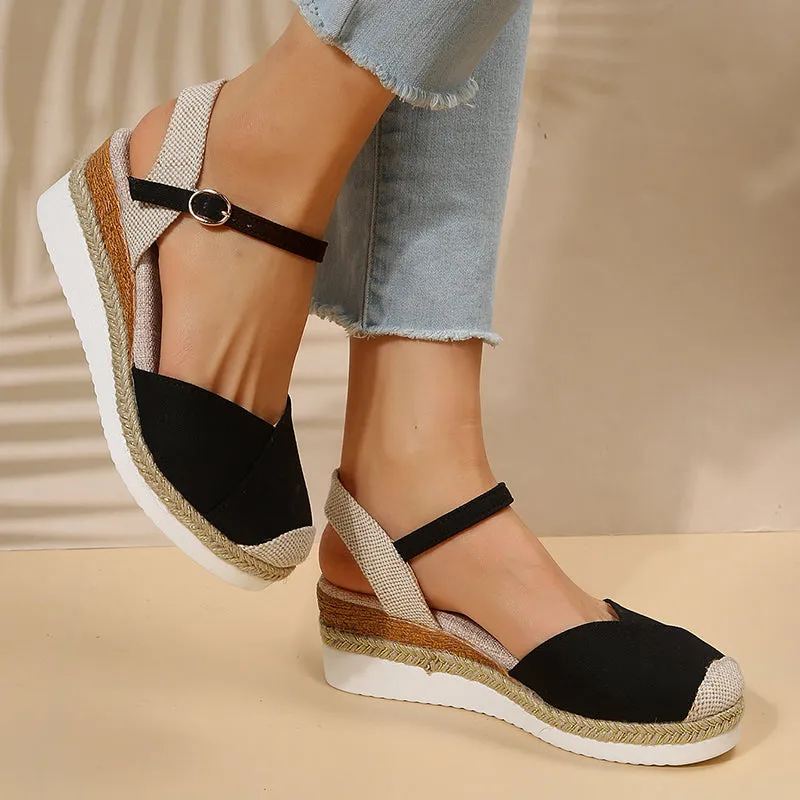 Patchwork closed toe wedge sandals