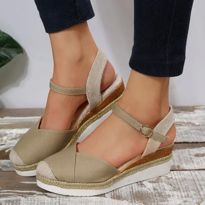 Patchwork closed toe wedge sandals