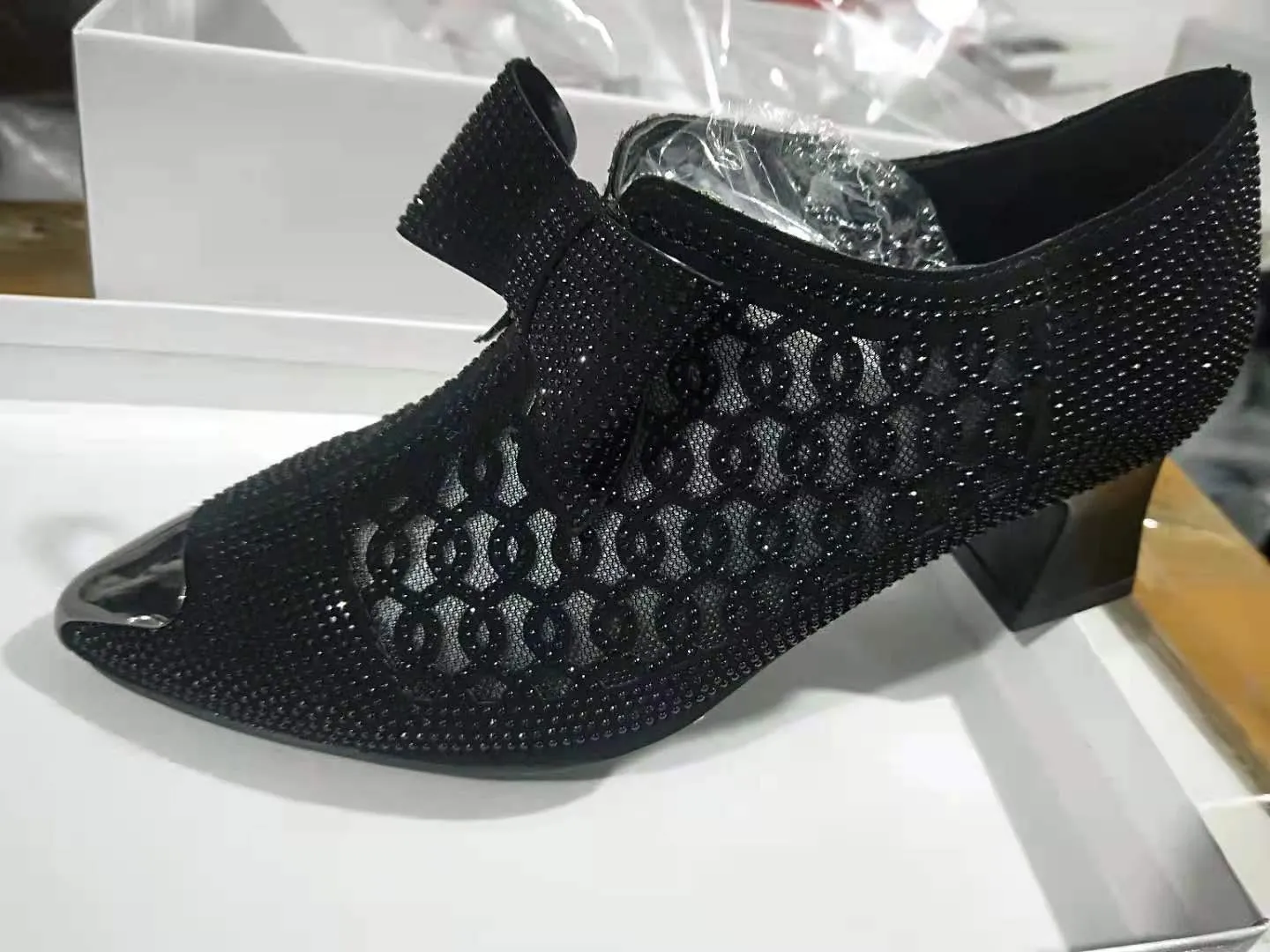 Rhinestone mesh bowknot block heel pumps sweet bow pointed toe dress pumps