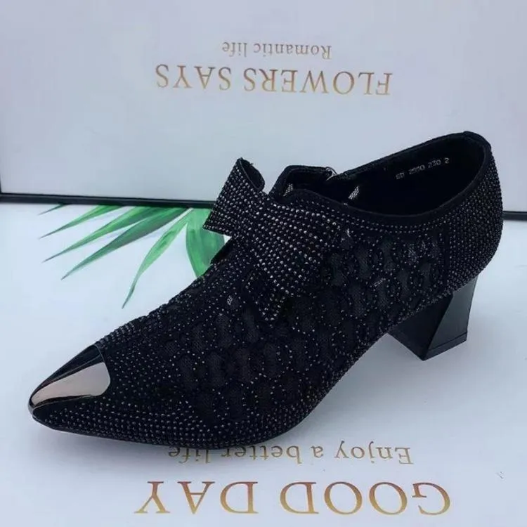 Rhinestone mesh bowknot block heel pumps sweet bow pointed toe dress pumps