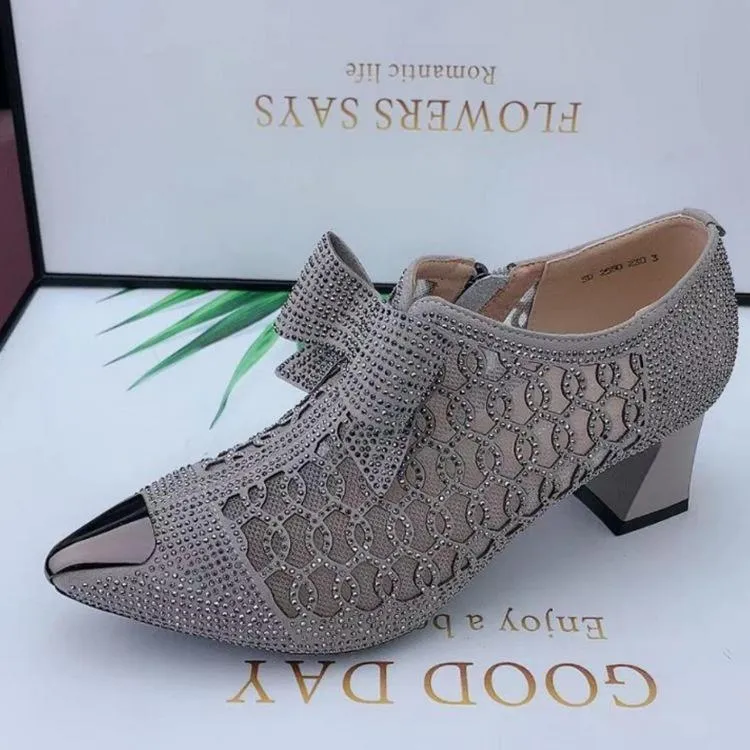 Rhinestone mesh bowknot block heel pumps sweet bow pointed toe dress pumps