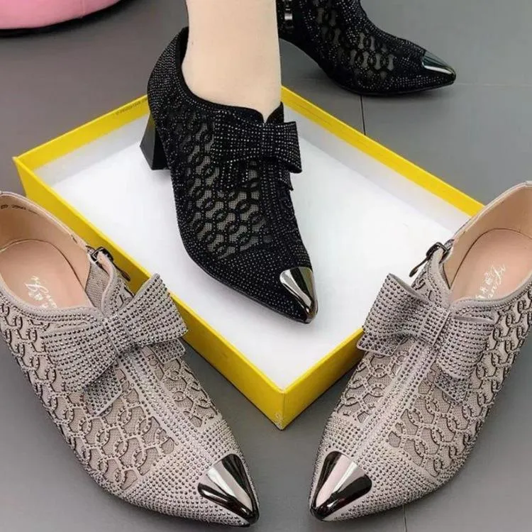 Rhinestone mesh bowknot block heel pumps sweet bow pointed toe dress pumps