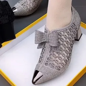 Rhinestone mesh bowknot block heel pumps sweet bow pointed toe dress pumps