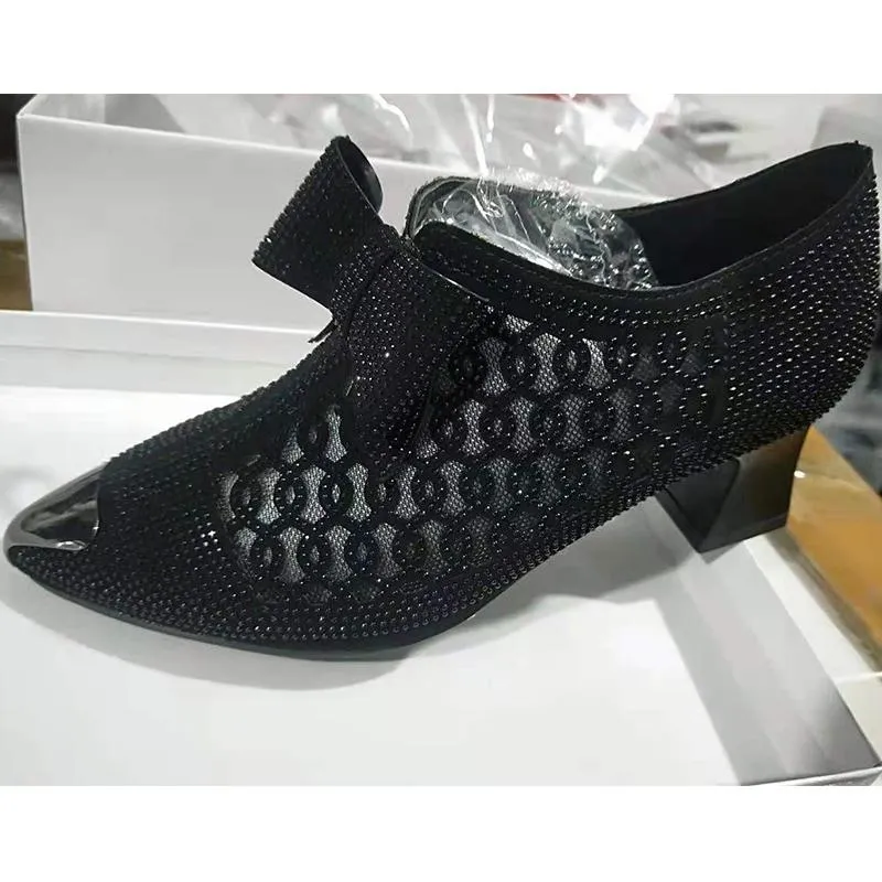 Rhinestone mesh bowknot block heel pumps sweet bow pointed toe dress pumps