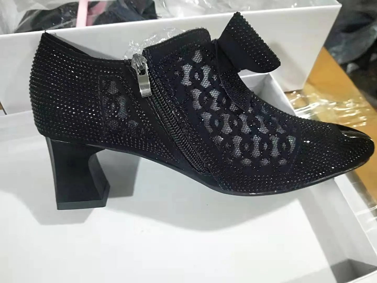 Rhinestone mesh bowknot block heel pumps sweet bow pointed toe dress pumps