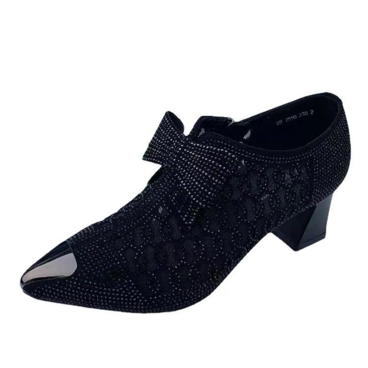 Rhinestone mesh bowknot block heel pumps sweet bow pointed toe dress pumps