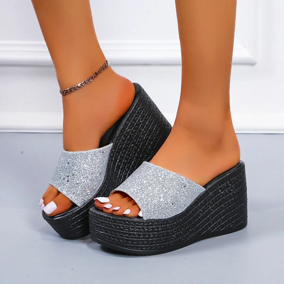 Rhinestone shining peep toe wedge heels slippers women's summer backless wedge slides