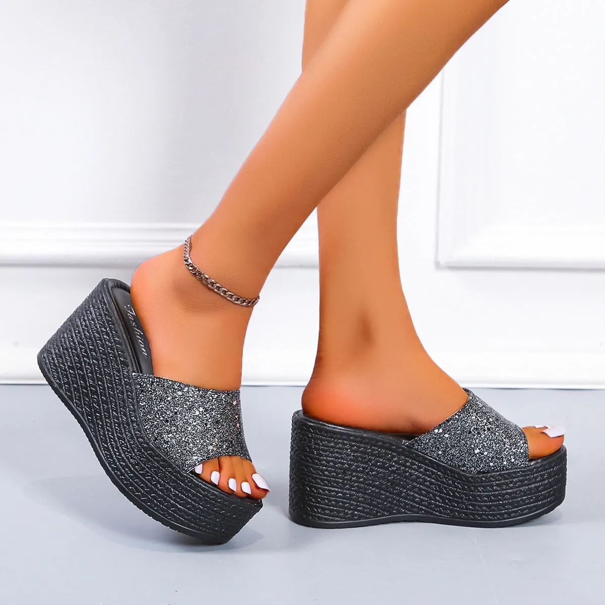 Rhinestone shining peep toe wedge heels slippers women's summer backless wedge slides