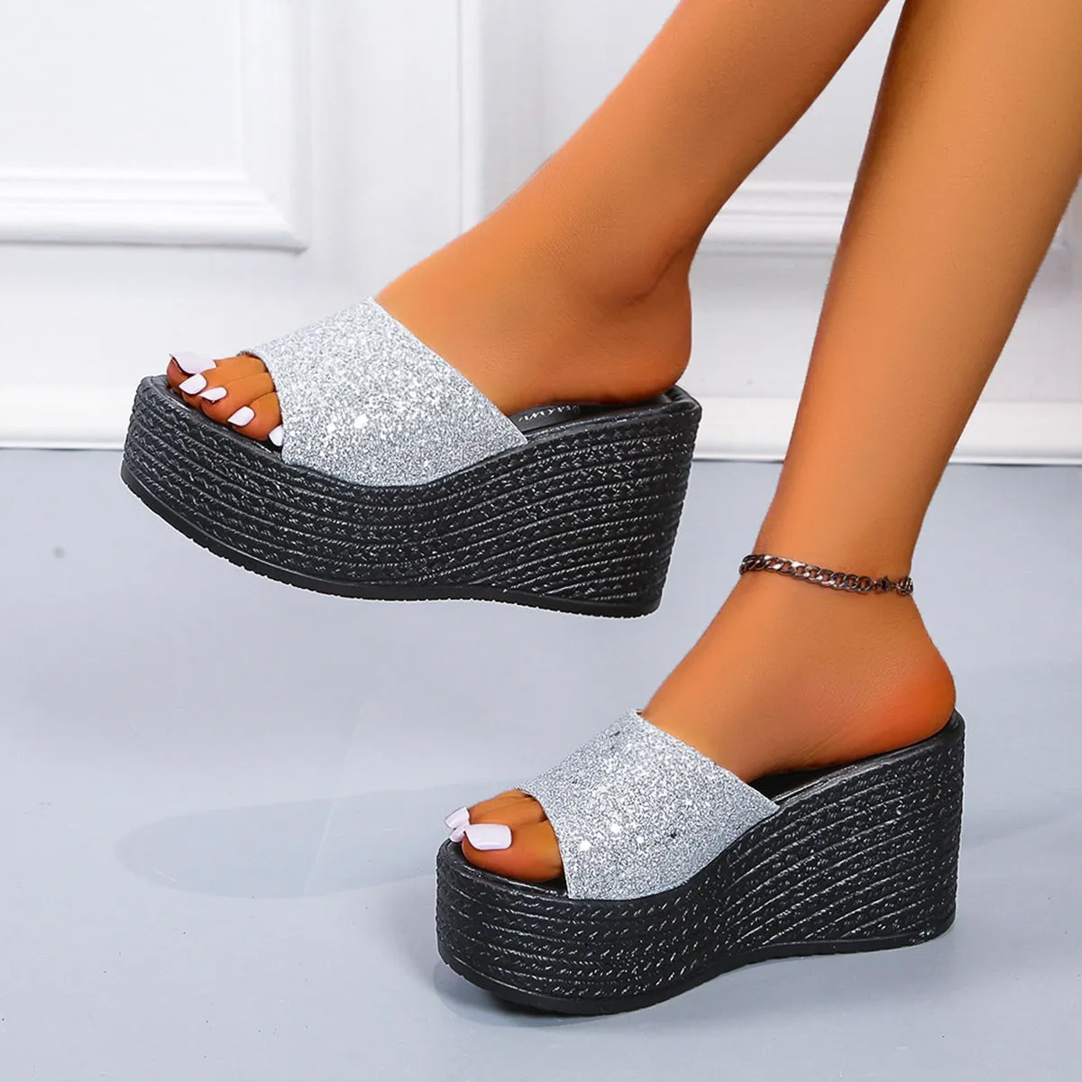 Rhinestone shining peep toe wedge heels slippers women's summer backless wedge slides
