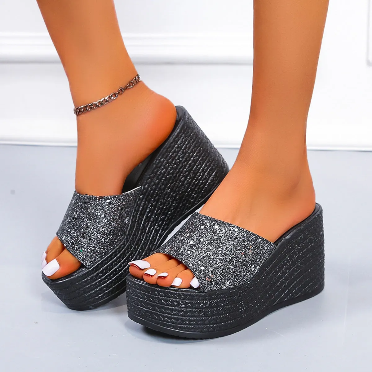 Rhinestone shining peep toe wedge heels slippers women's summer backless wedge slides