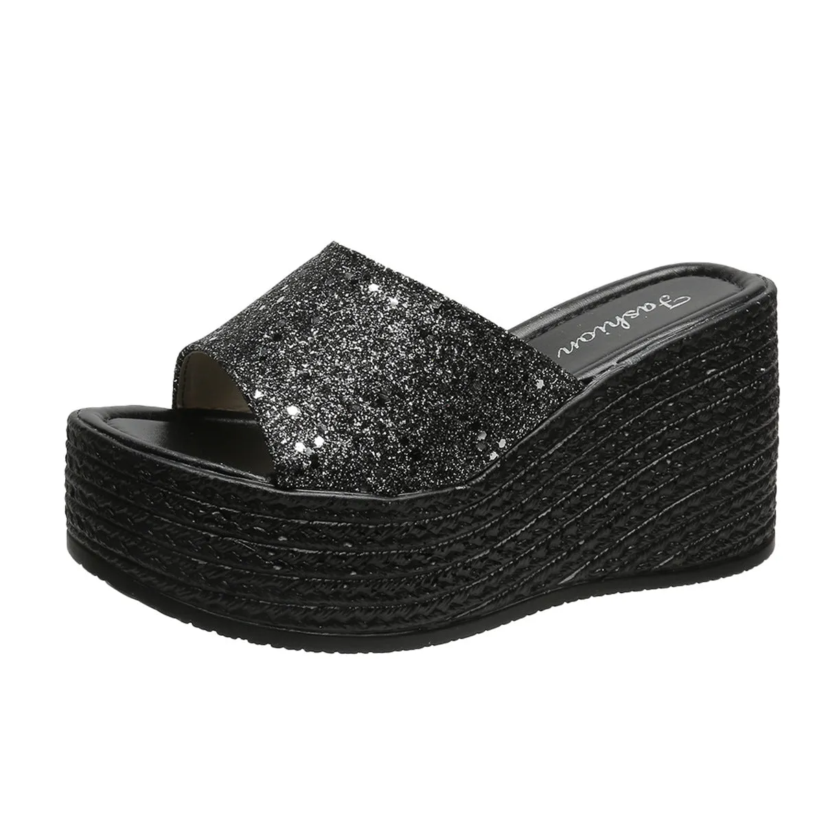 Rhinestone shining peep toe wedge heels slippers women's summer backless wedge slides