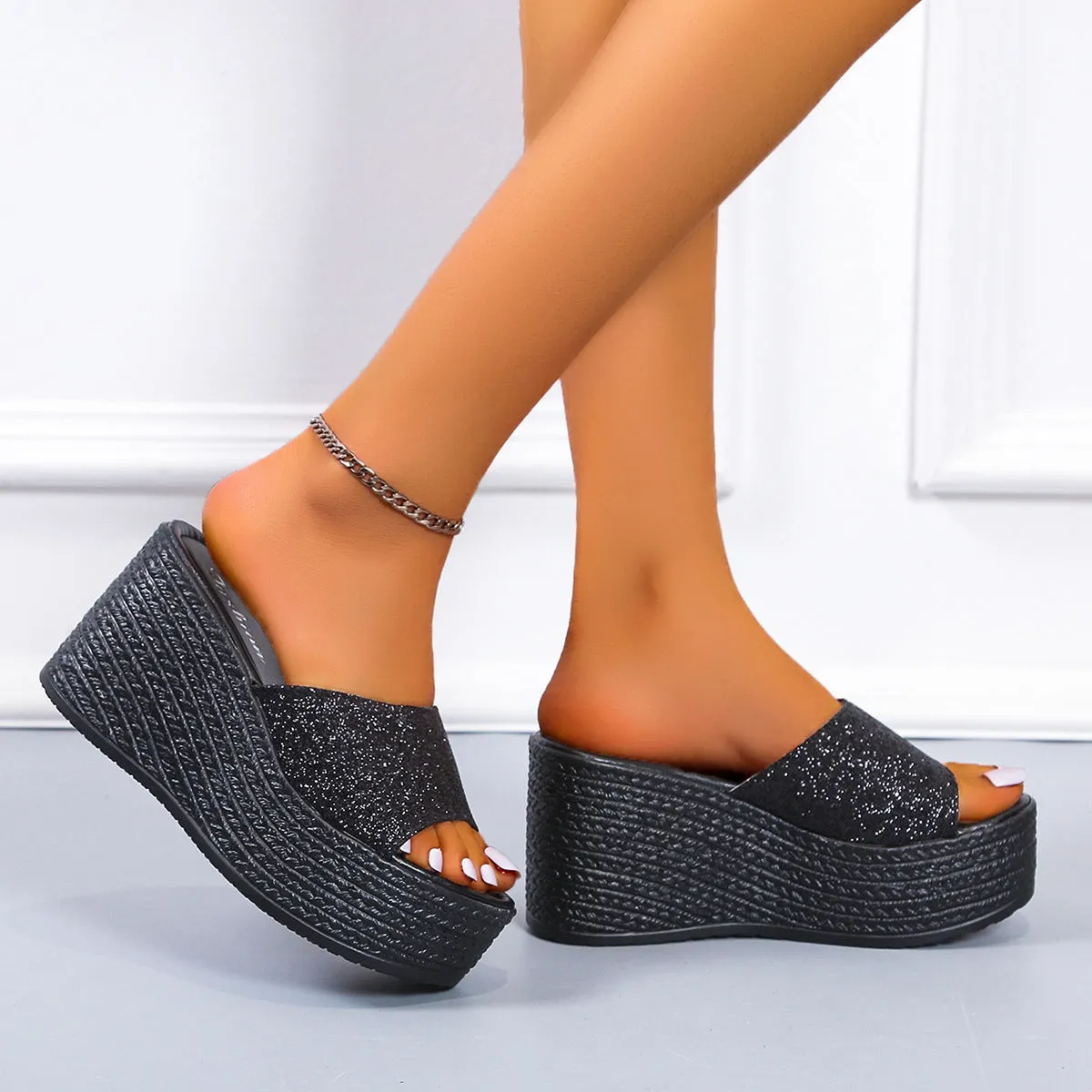 Rhinestone shining peep toe wedge heels slippers women's summer backless wedge slides