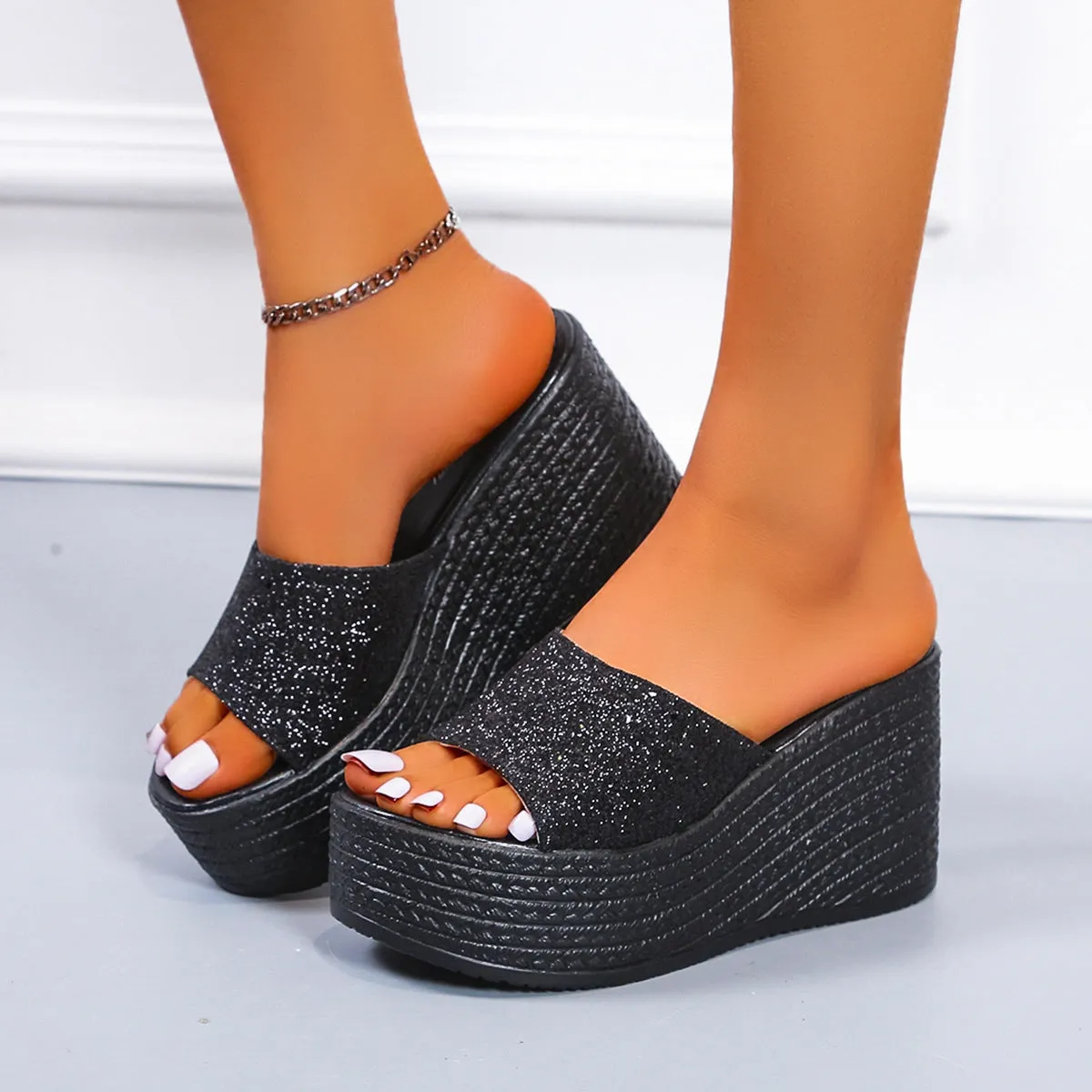 Rhinestone shining peep toe wedge heels slippers women's summer backless wedge slides