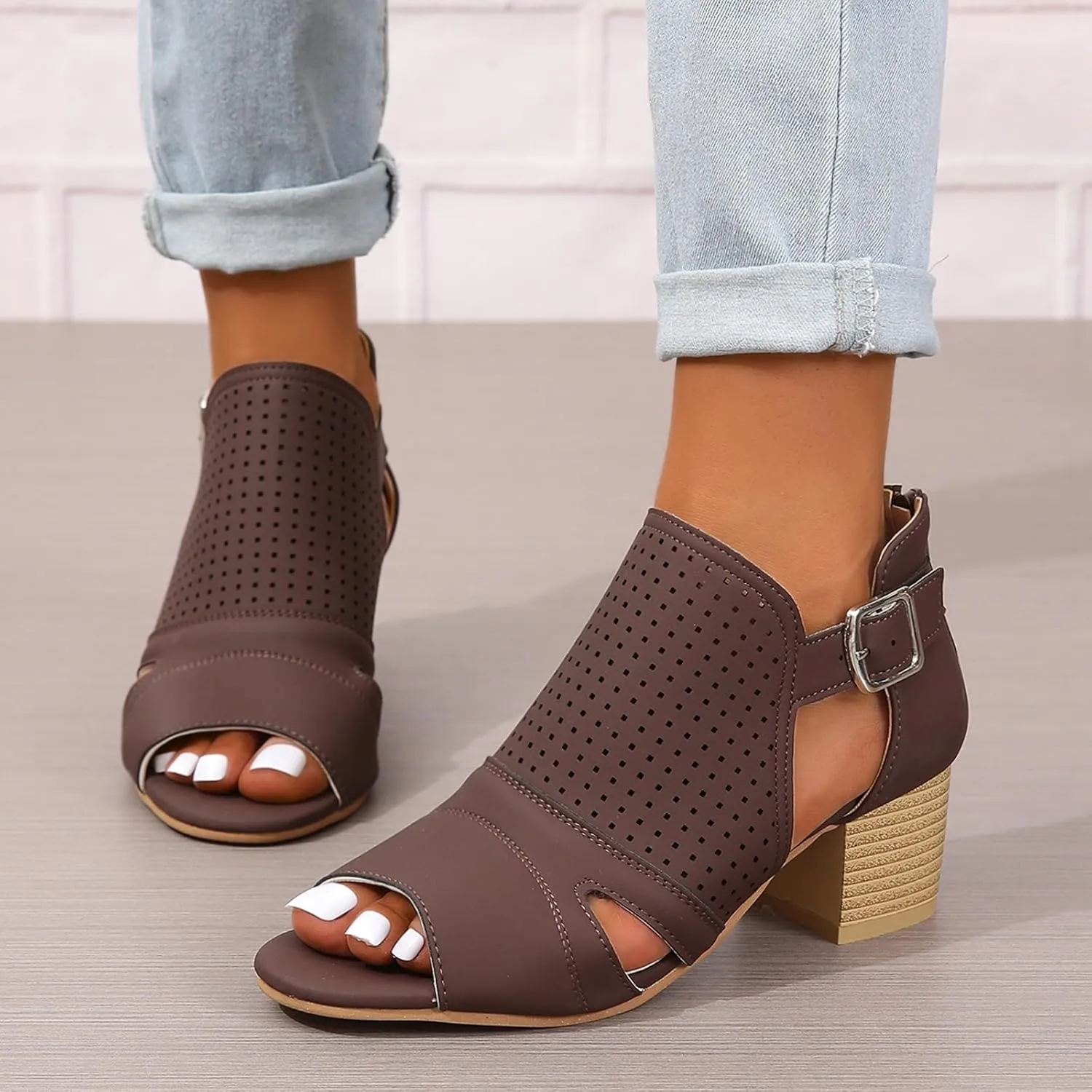SACFOF Womens Heeled Sandals Peep Toe Chunky Heels Cutout Side Ankle Strap Back Zipper Mid Heel Dress Pumps Shoes