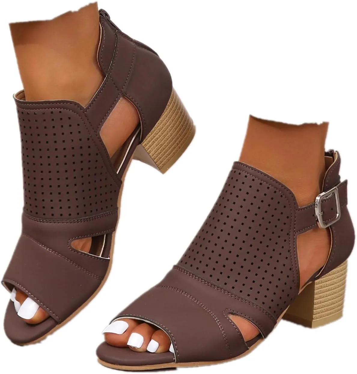 SACFOF Womens Heeled Sandals Peep Toe Chunky Heels Cutout Side Ankle Strap Back Zipper Mid Heel Dress Pumps Shoes
