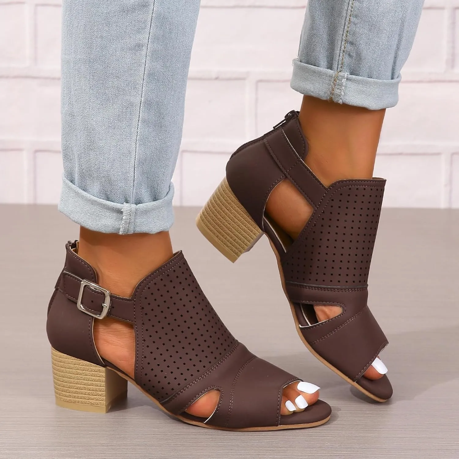 SACFOF Womens Heeled Sandals Peep Toe Chunky Heels Cutout Side Ankle Strap Back Zipper Mid Heel Dress Pumps Shoes