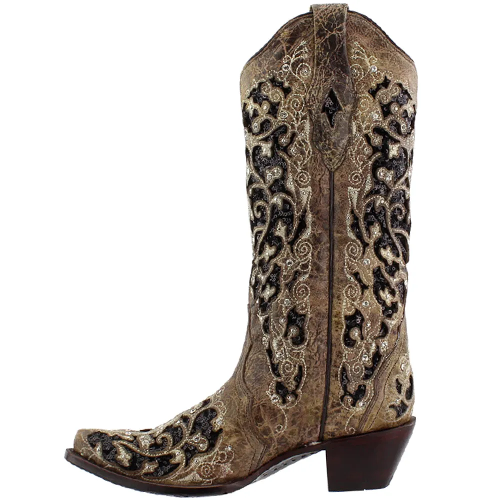 Sequin Tooled Inlay Snip Toe Cowboy Boots