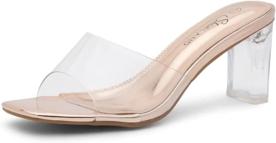Shoe Land Clear Heels for Women  3 Inch Chunky Heeled Mules, Transparent Slip-On Square Toe Slides | Dressy Clear Sandals for Wedding, Party & Casual Wear