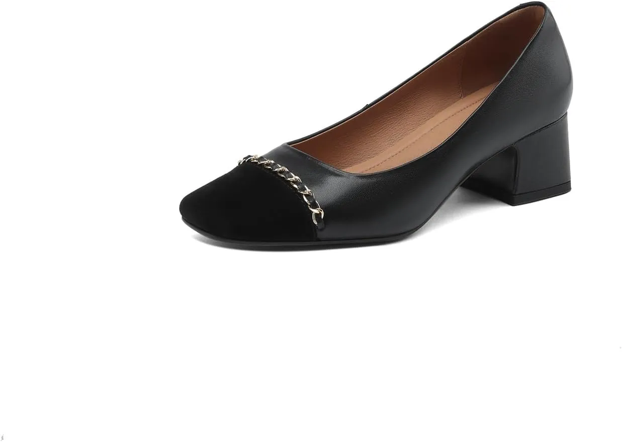 TinaCus Genuine Leather Handmade Cap Toe Low Chunky Heels Women's Elegant Loafers Shoes