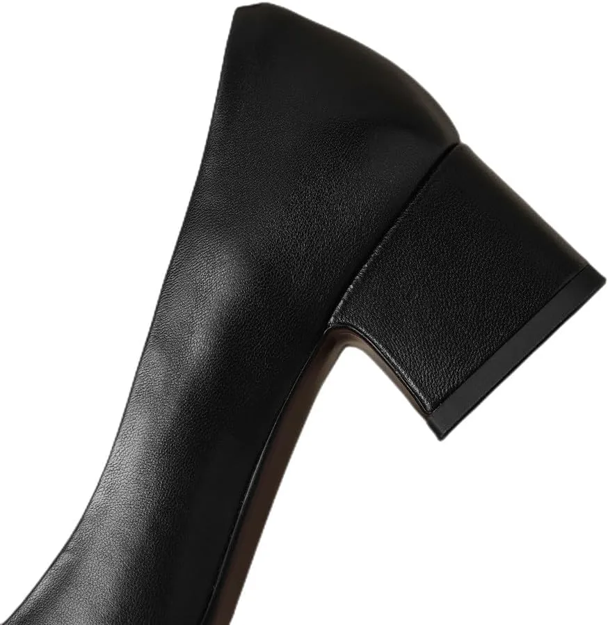 TinaCus Genuine Leather Handmade Cap Toe Low Chunky Heels Women's Elegant Loafers Shoes