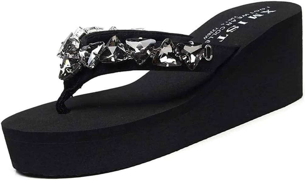 VOKLIN Women's Wedge High Heel Flipflops Sparkly Rhinestone Summer Platform Anti-Slip Beach Thong Sandals