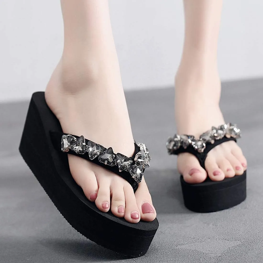 VOKLIN Women's Wedge High Heel Flipflops Sparkly Rhinestone Summer Platform Anti-Slip Beach Thong Sandals