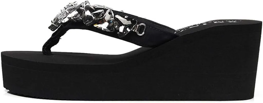 VOKLIN Women's Wedge High Heel Flipflops Sparkly Rhinestone Summer Platform Anti-Slip Beach Thong Sandals