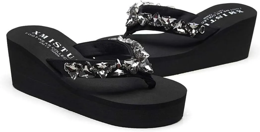 VOKLIN Women's Wedge High Heel Flipflops Sparkly Rhinestone Summer Platform Anti-Slip Beach Thong Sandals