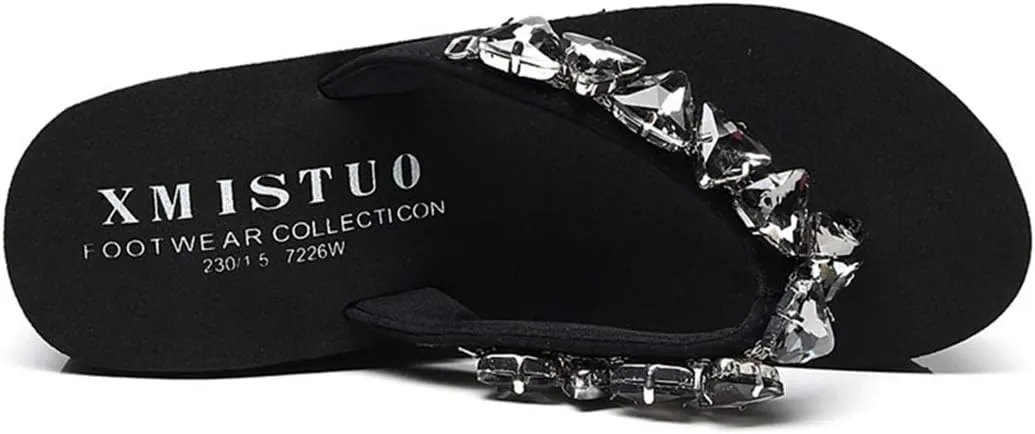 VOKLIN Women's Wedge High Heel Flipflops Sparkly Rhinestone Summer Platform Anti-Slip Beach Thong Sandals